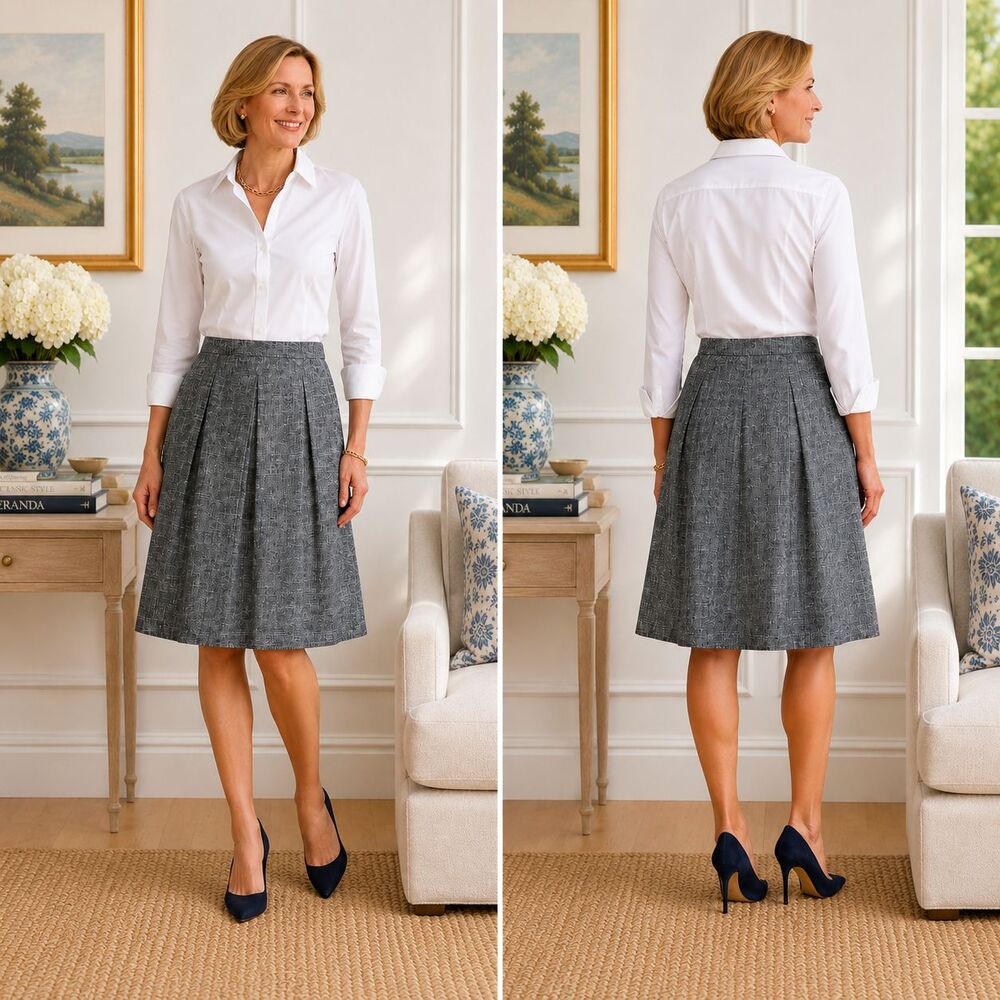 Talbots Pleated Skirt 4 Linen Cotton Blend Chambray A-Line Blue Lined Classic